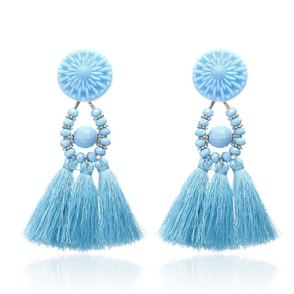 BE28 | Boho Blue Beaded Dangle Tassel Earrings - Picture 2 of 3